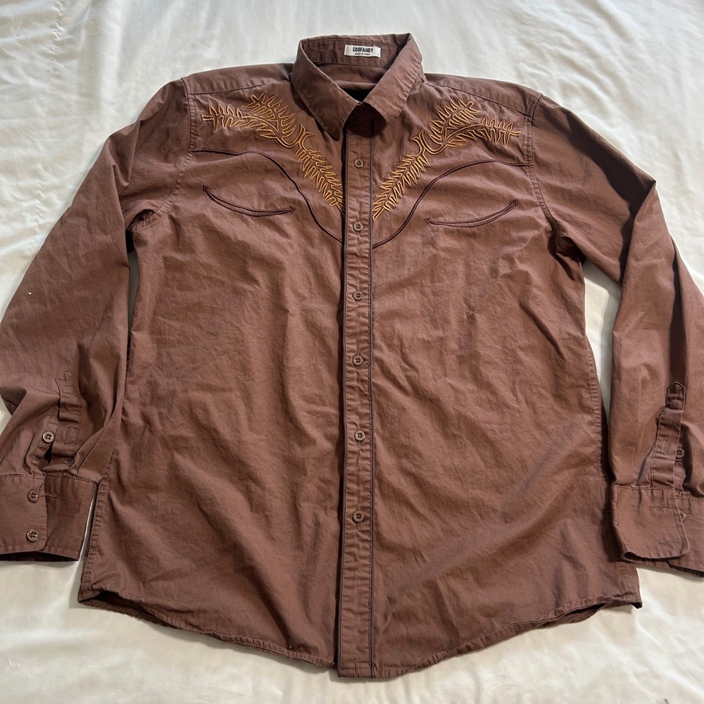 Coofandy Mens Western Shirt Brown Embroidered Long Sleeve Button Down Medium